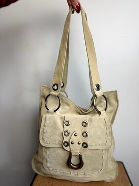 Vintage Guess Suede Shoulder Bag Beige Boho Tassel Leather Y2K